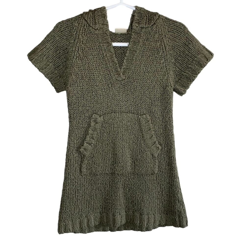 Vintage 3 Pommes Chunky‎ Knit Hooded Sweater Tunic Dress Olive 4